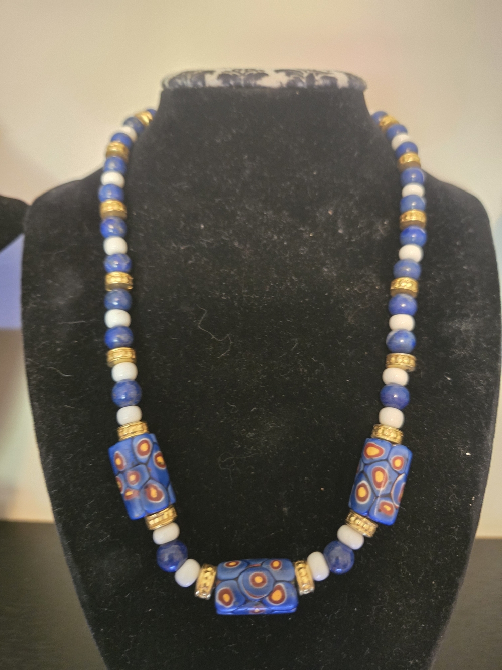 Blue Beaded Statement Necklace with Gold Accents